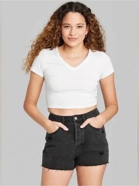 Women's White V-Neck Crop Top - Classic Short Sleeve by Wild Fable- M NWT